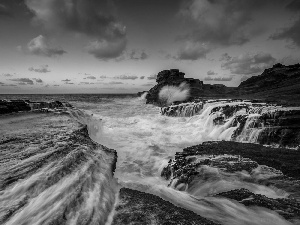 sea, waterfall, rocks