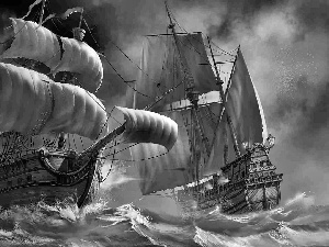maritime, copy, sea, sailboats, rough, Battle