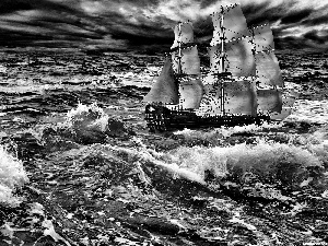 Storm, sailing vessel, sea