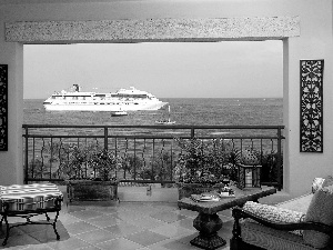 sea, Passanger ship, terrace, View, house