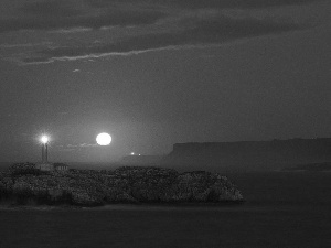 Island, maritime, west, Rocky, Lighthouse, sea, sun