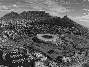 Town, Stadium, sea, Mountains