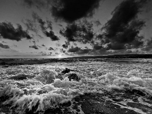 sea, Waves, sun, clouds, west