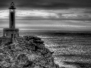 west, sea, Rocks, Lighthouse, Sun