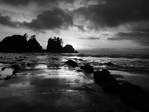 Cliffs, sea, The setting, sun, clouds, Beaches