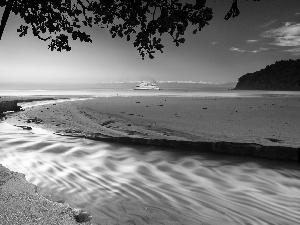 Beaches, sea, Ship, trees