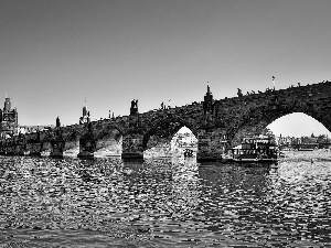 Ship, cruise, River, ducks, bridge