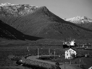 Mountains, Way, Ship, house