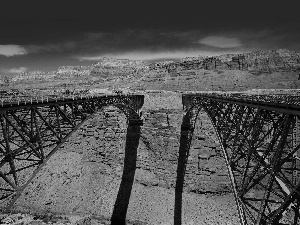 Two cars, canyon, Sky, Bridges