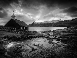 church, Mountains, Sky, River