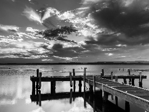 lake, clouds, Sky, pier