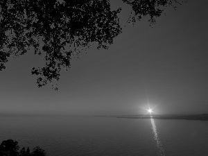 lake, sun, Sky, west