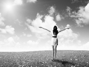 Meadow, Flowers, Sky, girl