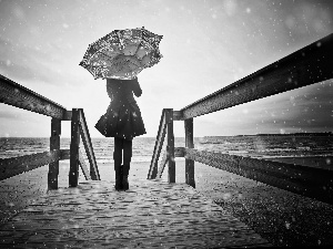 Sky, snow, black and white, sea, effect, Umbrella, Women, Beaches