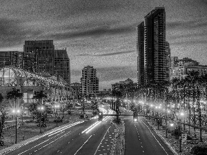 night, San, skyscrapers, clouds, Way, Diego