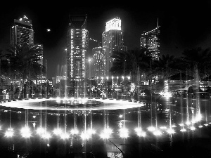 town, nigh, clouds, panorama, Dubaj, skyscrapers, fountain