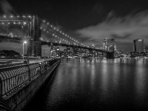 skyscrapers, Floodlit, Night, New York, Brooklyn, bridge