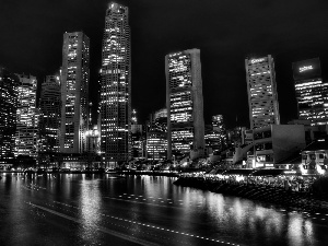 town, Night, Asia, Singapur, skyscrapers, View