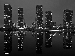 Night, Korea, water, Town, Asia, skyscrapers, reflection