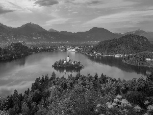 Lake Bled, Blejski Otok Island, trees, Julian Alps Mountains, Slovenia, clouds, viewes