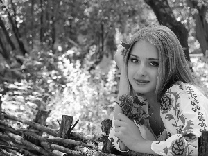 small bunch, Blonde, Park, Spring, fence, make-up