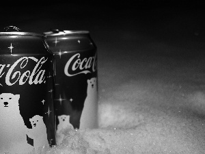 Cans, cola, snow, Coca