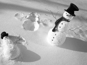 Two cars, Cylinders, snow, snowmen