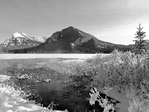 Mountains, winter, snow, River