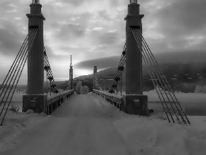 snow, Great Sunsets, River, winter, bridge