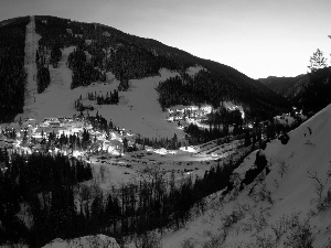 Town, Night, snow, Mountains