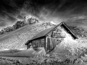 winter, cottage, snow, Mountains