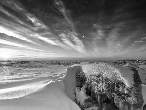 snow, winter, sun, rock, west