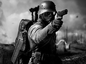 soldier, uniform, Gas Mask, knapsack, helmet, Battlefield 1, game, Gun