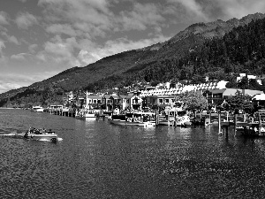 River, Mountains, spa, Motor boat