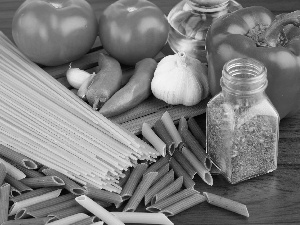 Pasta, pepper, spice, tomatoes