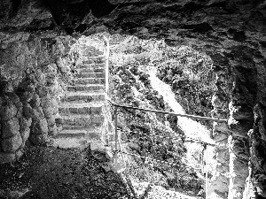 Stairs, waterfall, cave