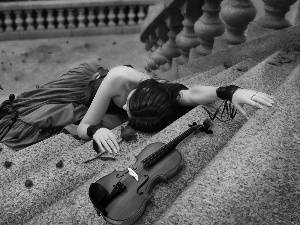 Stairs, rose, Violinist, violin, fainted