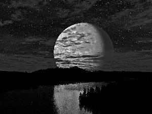 star, moon, forest, Night, River