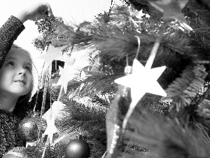 girl, baubles, Stars, christmas tree