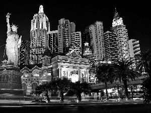 freedom, casino, clouds, statue, Hotel hall, skyscrapers, City at Night
