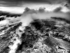 Steam, rocks, volcano