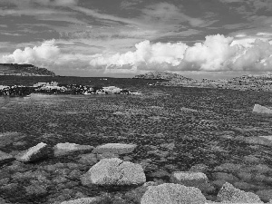 Stones, clouds, Island, Mountains, Coast