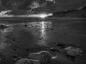 west, sea, Stones, clouds, sun, Beaches