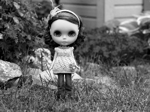 Stones, doll, Flowers, grass, Garden