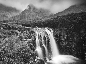 Mountains, waterfall, Stones, Fog