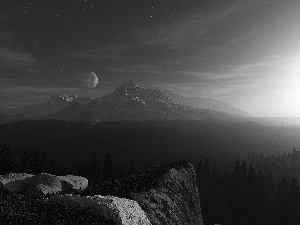 peaks, moon, Stones, Mountains