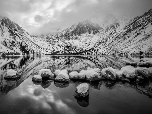 Stones, reflection, winter, lake, Mountains