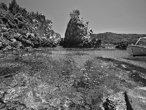 Stones, rocks, Gulf, Motor boat, lake