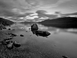 Sky, The Hills, Stones, lake