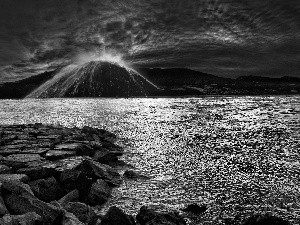 volcano, sea, Stones, eruption